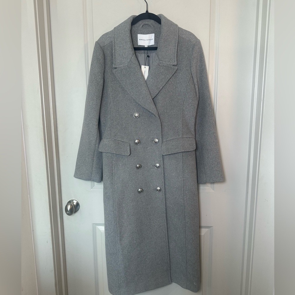 NEW Rebecca Mincoff Wool Blend Double Breasted Grey Officers Military Mid Coat,S